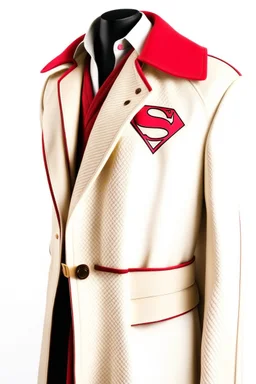 Men's Superman's Gucci Winter Trenchcoat elegant inspired by Superman's Big emblem design beige tones with dual color on a white background, product catalog photography, soft spot lighting, depth of field, 4k –ar 3:5 –q 2