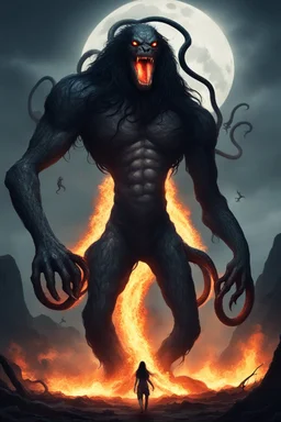 big monster on cuty, giant humanoid, 4 arms, one only eye, long black haired and snakes, fire, moonlight, destruction, bones, destruction, gore, people runing and hide, dakness