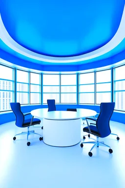 Offices office room hanging on the walls in an oval shape and the color of the walls is blue and the floor is white and the shape of the offices is curved and the office contains four chairs