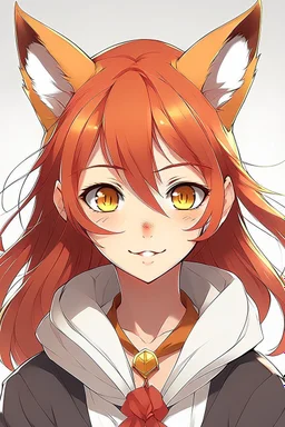 An anime young adult female withe red hair and gold eyes, fox ears