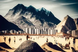 Modern city, people, mountains, sand, rocks