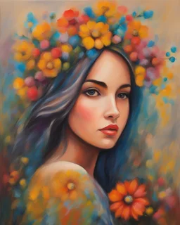 Oil pastel style, oil pastel painting, painting style, painting of a girl with flowers on her head, beautiful flowers, young girl, dream, oil pastel painting on cardboard, beautiful art, high quality