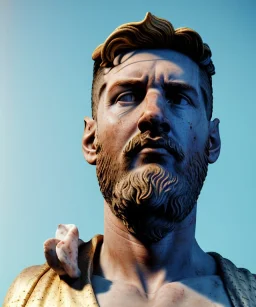 Ultra Realistic image, roman sculpture, marble deluxe material, Lionel Messi, gold radial god crown, miguel angel style, chisel style, emperador, waist up portrait, cinematic lighting, God light, god rays, 4k resolution, smooth details, ornate details, soft lighting, unreal engine 5, sky background.