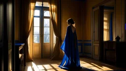 A lone woman stands in a sunlit Parisian studio, her silhouette framed by huge windows covered with sheer ivory curtains that flutter gently in the breeze. The room is bathed in a late-afternoon golden glow, casting long shadows across the wooden floor splattered with drop cloths of paint. She wears a loose cobalt-blue robe, her dark hair tied back loosely, a single strand escaping and brushing her cheek. In her hand, she holds a paintbrush poised over a canvas, where vibrant brushstrokes of cri