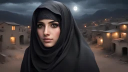 Hyper Realistic close-up-photographic-view of Beautiful Pashto Girl in niqab with beautiful hair & beautiful eyes fully-face-covered-in-black-dress-&-grey-shawl standing outside village-houses giving-bold-expressions on mountain-top at night with cloudy-moonlight showing dramatic & cinematic ambiance