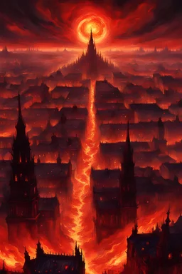 Hell, crimson city in the middle of a fiery horizon,populated by demon citizens,red energy emanating,HD, high definition, cinematic lighting, painted by Van Gogh