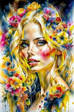 Gorgeous wet look watercolour, a beautiful sensual blond blonde woman, beautiful late summer flowers, colourful, enchanting, wet on wet, silver and gold drops, sparkling lights, winning, intricate, beautiful, gorgeous by Yossi Kotler,