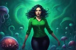 Her form in a green shirt, showcases curves that tempted the imagination - Facing forward with arms raised, her huge, adorable eyes hinted at a cosmic horror lurking beneath the surface. she embodies the essence of the Cthulhu mythos, a dark seductress from the depths of the universe.Surrounded by elements of deep sea mystery - an octopus, jellyfish, and mushroom. from her alluring hips to her detailed thighs, belly, knees, and calves. Her white hair, violet and curly, framed her face in a pixa