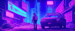 cybernetic enhancements, Solarpunk hacker cyborg, urban wasteland, neon sign, abandoned buildings, rusted cars, laptop, local database, grime, sweat, anamorphic lens.