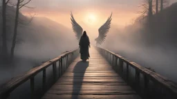 walking straight ahead over a wooden bridge, holding the angel of death with your right hand, entering the fog at the end of the road that leads to the afterlife, a stream from the mountains flows from the right and left, and a beautiful sunset behind the fog, realistic