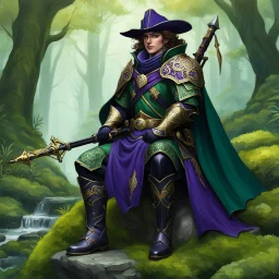 An aristocratic ranger, a blend of cool defiance and weary wisdom, sits on a mossy boulder in a vibrant, breathing deep forest. They are clad in detailed, forest-green leather armor with intricate gold filigree, a dark purple velvet cloak, and robust, customized boots, cradling a fine crossbow. A long-stemmed pipe emits swirling plumes of colorful, fragrant smoke around their face, which is partly smiling and contemplative, perhaps peering through a small monocle. The forest environment is alive