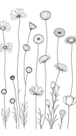 set of growing wind flower on the grace, SIMPLE ONE lineS art, white background, minimalis, different view, only white bakcground solid.natural