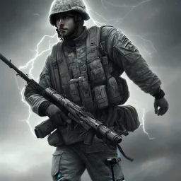 Soldier in a gray uniform, DeviantArt style, volumetric lightning, extremely detailed, background lightning