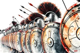 Stylish movie poster for the movie "300" with a row of Spartans in a phalanx alignment with elaborate shiny Spartan Shields lined up in a row, watercolor and ink painting, dramatic, arrows in the air and embedded in the shields, image disintegrates into white negative space,