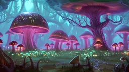 fantasy forest with alot of decorations, glowing mushrooms, village