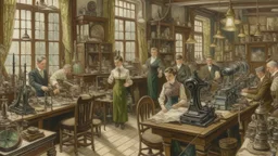 A vintage oil painting of a bustling tailor shop filled with intricate sewing machines