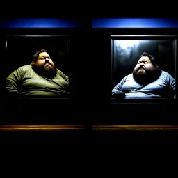 (fineart:1.5, masterpiece1.5) (realism:1.5) award winning picture of award winning fat, beardedd, 'fat man' (watching tv:1.8), tv in frame , two panels, the first panel is taken from the pov of the tv, it looks out and sees a vision of decay, back lit with a cold color pallete, the only vibrant color we see is the aloe vera plant on his bookshelf. the other 50 pefect is from the point of view of 'fat man', his vision streaks of blue from the tv shining in his eyes, breaking news is on tv