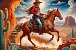 A vivid and surrealistic painting set against the backdrop of the Old American West, where a cowboy, clad in traditional attire, is depicted smoking a large, ornate cigarette. The smoke swirls and curls around him, imbuing the scene with a dreamlike quality. The cowboy stands in front of a magnificent wooden carving, its intricate red-brown details almost seeming to move with life. This masterpiece is mounted on a pedestal made of gleaming golden metal, further enhancing the fantastical atmosphe