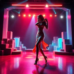A breathtaking 3D animation of a passionate woman dancing a hot, energetic salsa. Her movements are fluid, expressive, and perfectly synchronized. Surrounding her is a futuristic, evolving stage filled with animating abstract 3D geometric structures that constantly morph, shift, and pulse to the rhythm. Dynamic, vibrant neon lights, colorful volumetric laser beams, and dramatic strobes sweep across the dark environment, casting beautiful shadows. Cinematic camera movement with smooth tracking