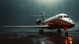 a movie frame of a vintage private jet parked on the tarmac on a misty, epic day, wet ground, neon lights, very wide angle shot, by ian mcque, by robert valley, cinematic composition, global illuminationmass effect, starship troopers, elysium, iron smelting pits, high tech industrial, saturated colours
