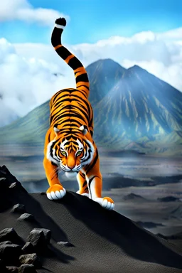 Tiger mascot doing a handstand on a volcano, photorealistic