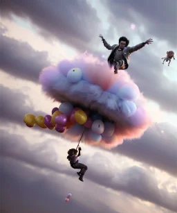 Ultra realistic speed clouds sky scene, wide angle view, strong men falling down with many Childs, circus clothing style, feather color clothing, free jumping flying, many trinkets, hair monster, many jelly beans, balls, color smoke, smile, happy, extreme, wind, clouds sea, 20,000 feet altitude, stratosphere, soft color, highly detailed, unreal engine 5, ray tracing, RTX, lumen lighting, ultra detail, volumetric lighting, 3d, finely drawn, high definition, high resolution.