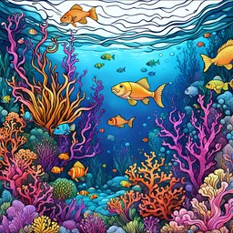 create a coloring book page of an underwater background, easy to color, high contrast, thick outlines