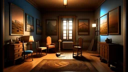 A surreal room where furniture takes impossible shapes, paintings constantly change images, and shadows come to life.