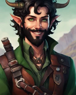 fantasy humanoid demon, tiefling horned, small ram horns, white skin, ashey complexion, rogue scoundrel happy go lucky, cheeky smile, gunslinger, pirate gear, yellow eyes, cat eyes, black neck length hair, short black beard, green jacket, leather ammo belt,