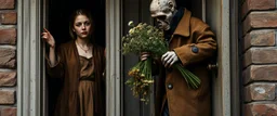close up portrait painted by Rembrandt, Maya is standing in the doorway with one hand still on the handle. She looks surprised, but not frightened. The zombie is wearing an old brown coat with patches on the elbows. His shoes don't match. What's surprising is that he's carrying a bunch of wildflowers. One of them has slipped from his hand and landed upside down on the porch. The rain is falling everywhere except on the flowers. That's a little strange. The story doesn't mention it.