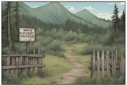 lookout, fence, mountain, forest, overgrown, post-apocalyptic, comic book, camp site signs