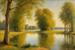 sunny day, lake, trees, friedrich eckenfelder and hans am ende impressionism paintings