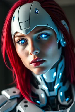 Beautiful cybernetic woman with glowing blue eyes and white armor with red hair.