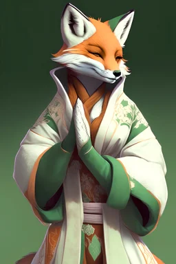 A buxom Anthro fox female with white and russet orange fur in emerald and cream color kimono gloved hands