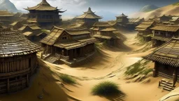 fantasy, chinese town, dune, crater, sand strom, destroyed chinese houses