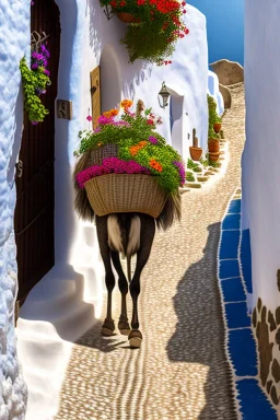 donkey walking on a path in Thira, Greece, baskets with vegetables on his back, cute face, perfect iris, cobblestone pavement, hyper realistic, detailed, accurate, beautifully ornamented houses, open aperture, style Isabel Kreitz