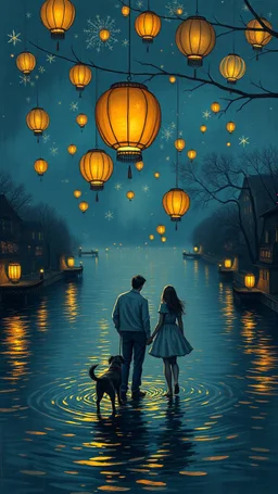 lanterns , on the water of a river , in the style of vincent van Gogh, without people and animals only a couple lovers with a dog