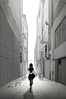 girl runs down the street, greyscale