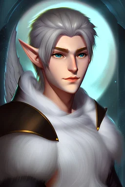 20 year old male winter eladrin portrait with two swords shoulder length hair