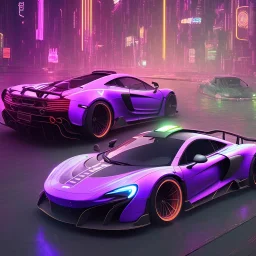 a reflection of a Mclaren 675LT in a purple neon lit cyberpunk 2077 city