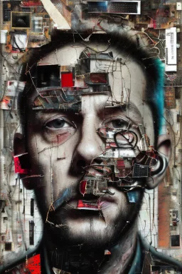 Ultra detailed surrealism medium portrait painting of a man, sitting bended over on a chair, looking down with hands in his hair, giving up, broken, dark and abstract background,torn up collage of clippings, broken circuitry background, matrix effects, punk visual art, punk art aesthetic, graffiti art, pop surrealism, collage art, cluttered paint glitches