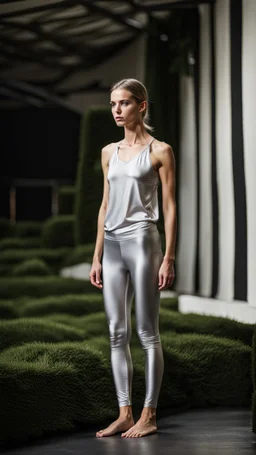 anorexic yoga woman, androgynous, model face, model body, satin silver leggins, satin silver top, frontal pose, standing