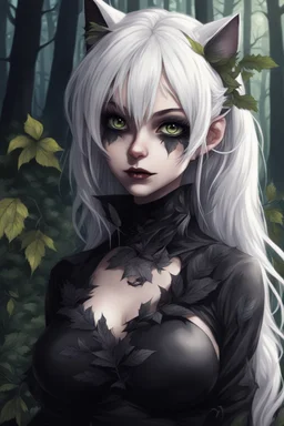 CAT GIRL, goth, forest, nature, cartoon, leaves, boobs, portrait, colour image, white hair