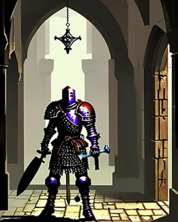 A frightening castle dungeon hallway with an knight warrior in rusty chainmail holding a zweihander painterly rpg art