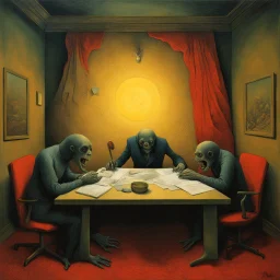 office party hijinks, diagonal composition, unbalanced, surreal horror, warm colors, By Zdzislaw Beksinski and Max Ernst and Boris Groh, creepy, eerie, scary warm colors, opulent shadows, expressionism, oil painting, by Gustav Dore and Victor Pasmore