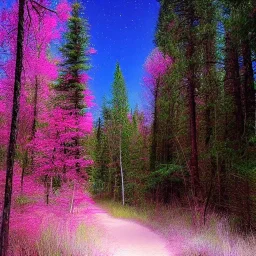 petit chemin de sable dans la foret, arbres roses, aurore boréale