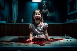 wide hd photo of a little girl, full body, smiling with her mouth open, lying on the table in a medical context at the dentist. blood from her mouth stains her short white dress, room midle underwater, dark tones,