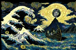 digital painting of the odyssey quest with the mythos cyclops by homer, in the style of hokusai and van gogh