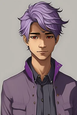 Light brown skin, red eyes, straight short purple-grey hair, black clothes, round face, young adult