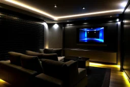 a dedicated home cinema room with LED ambient lighting in the walls